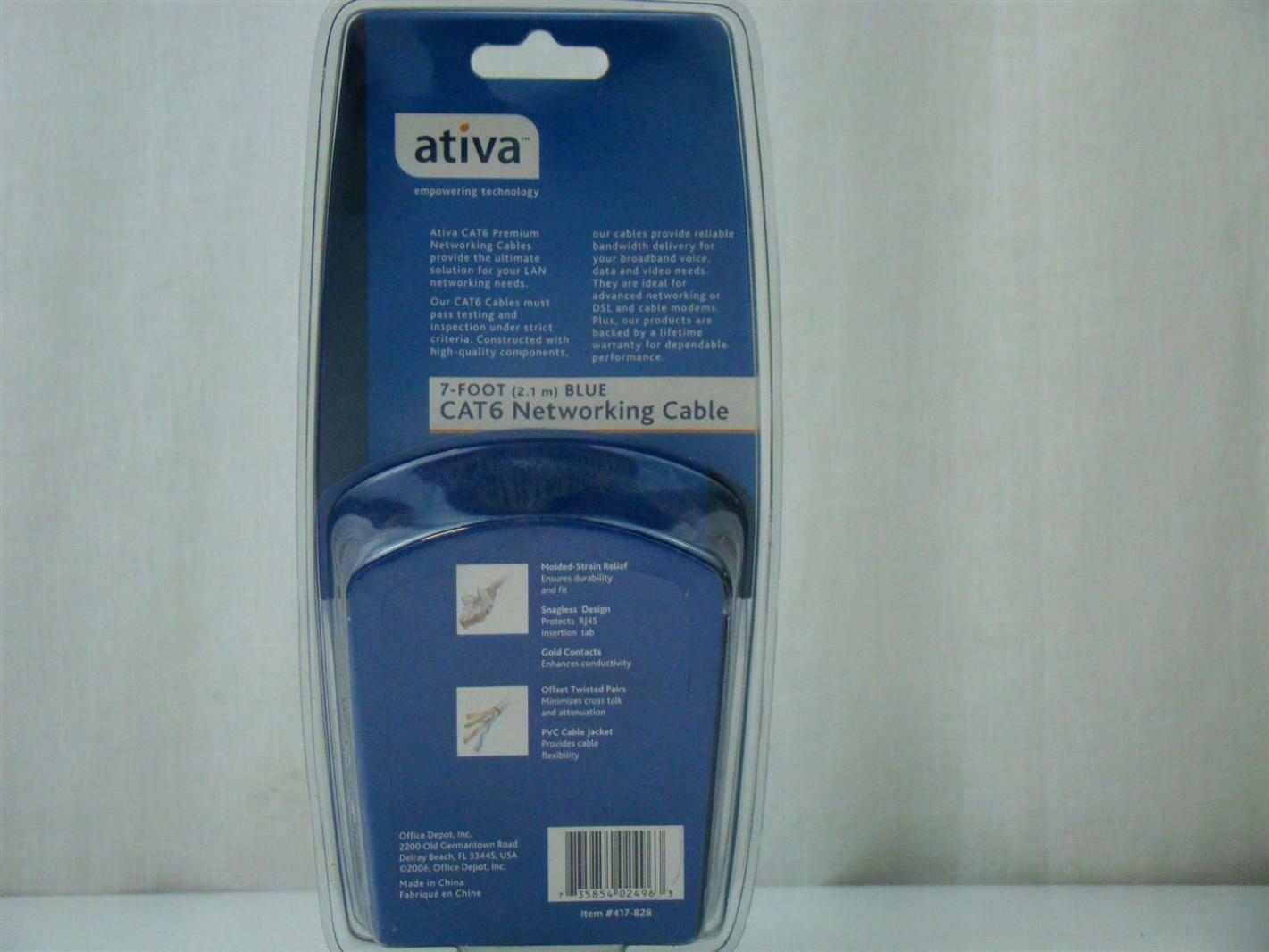 Ativa 7-Foot Blue Cat6 Networking Cable RJ45 Male 417-828