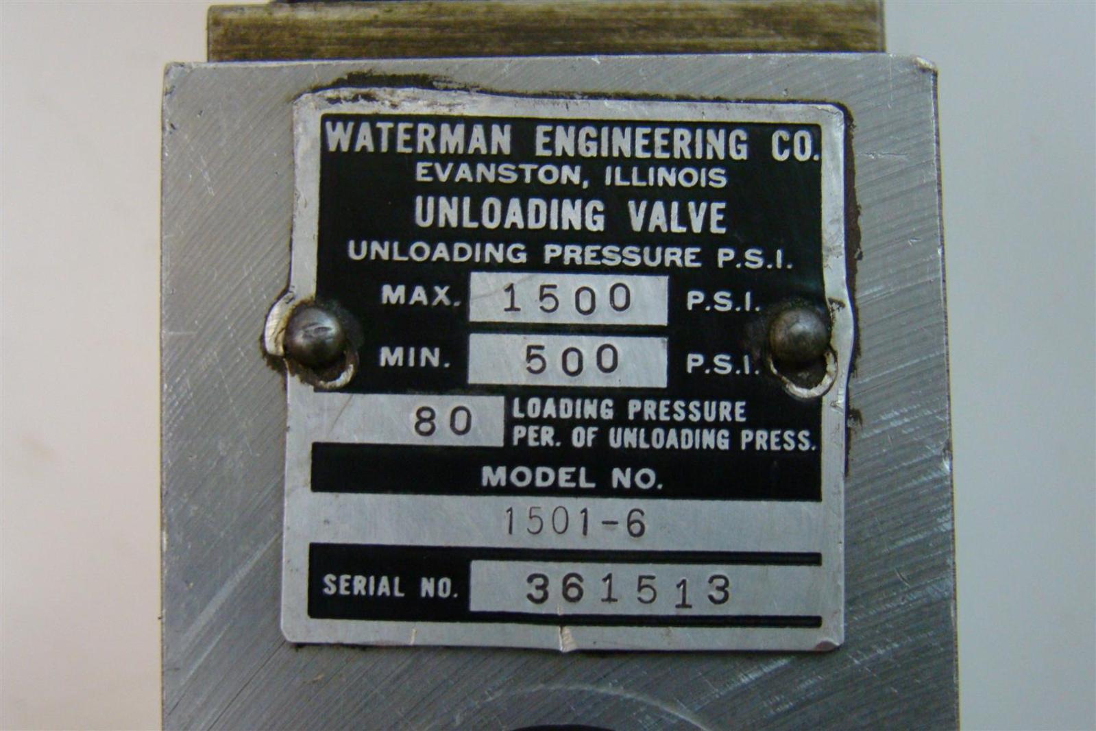 Waterman Engineering Co. Unloading Valve max1500psi min500psi 80