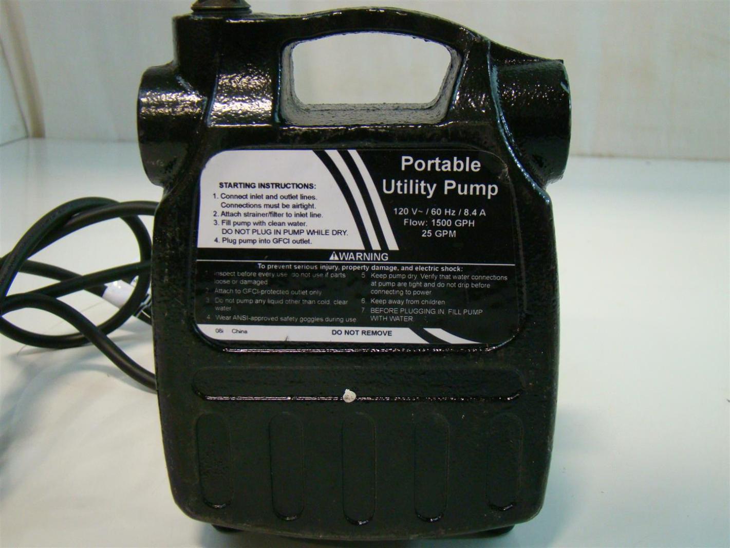 Portable Cast Iron Utility Pump 120V 8.4A 1500GPH 25 GPM 3/4