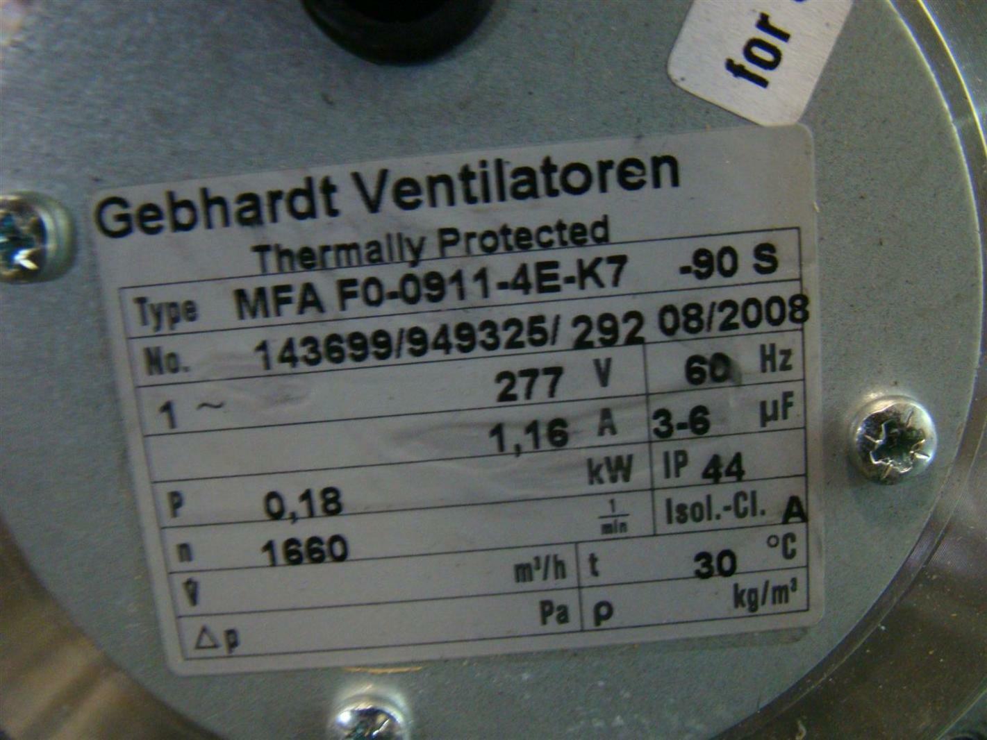 Gebhardt Ventilatoren AC Fan 277V  143699 MFA F0-0911-4E-K7