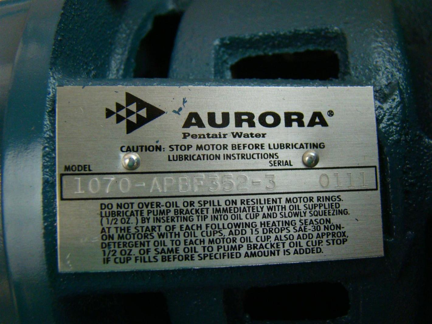 Aurora Pentair Water Circulator Pump 1/3hp 1800rpm 3Ø 230/460V 1070-APBF352-3