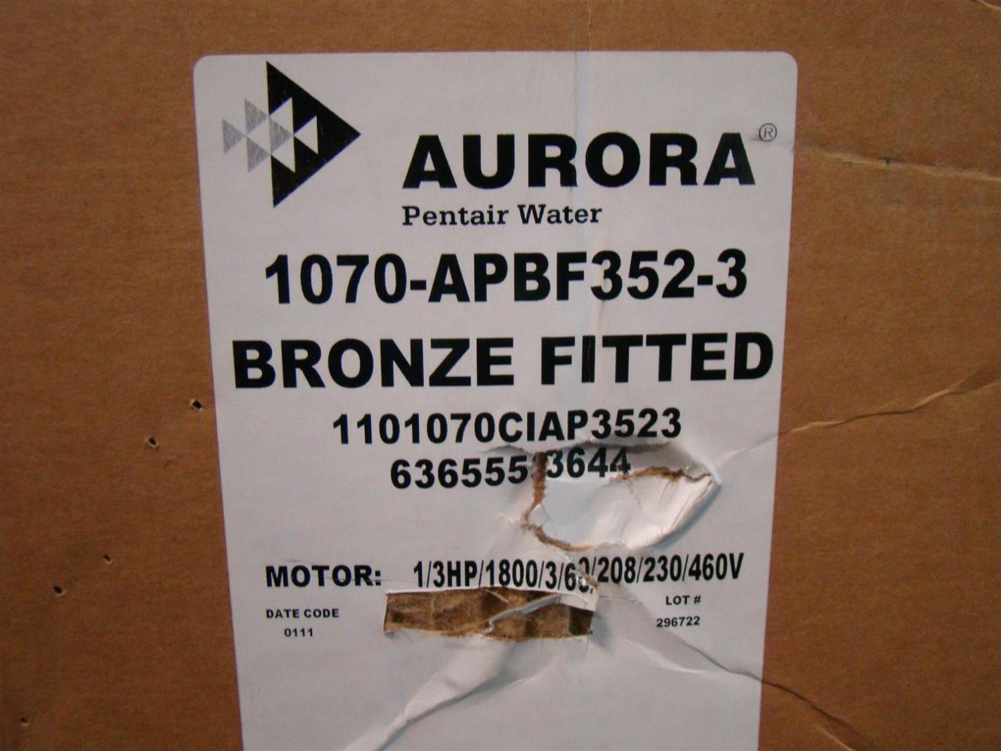 Aurora Pentair Water Circulator Pump 1/3hp 1800rpm 3Ø 230/460V 1070-APBF352-3