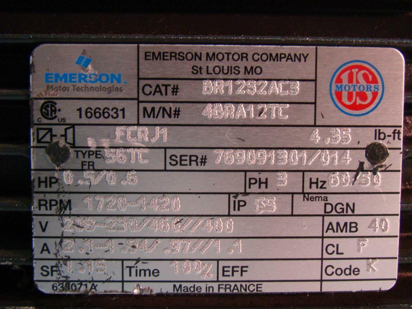 Emerson Electric Motor 1/2HP 208-230/460v  1720Rpm 2.1A BR1232AC3