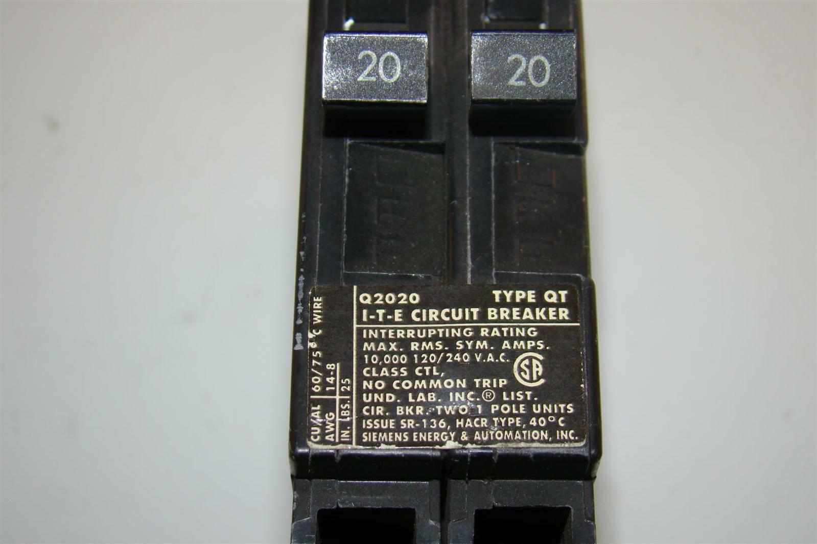 Siemens I-T-E. Circuit Breaker Q2020 Type QT 20 Amp 2 -1 Pole Units