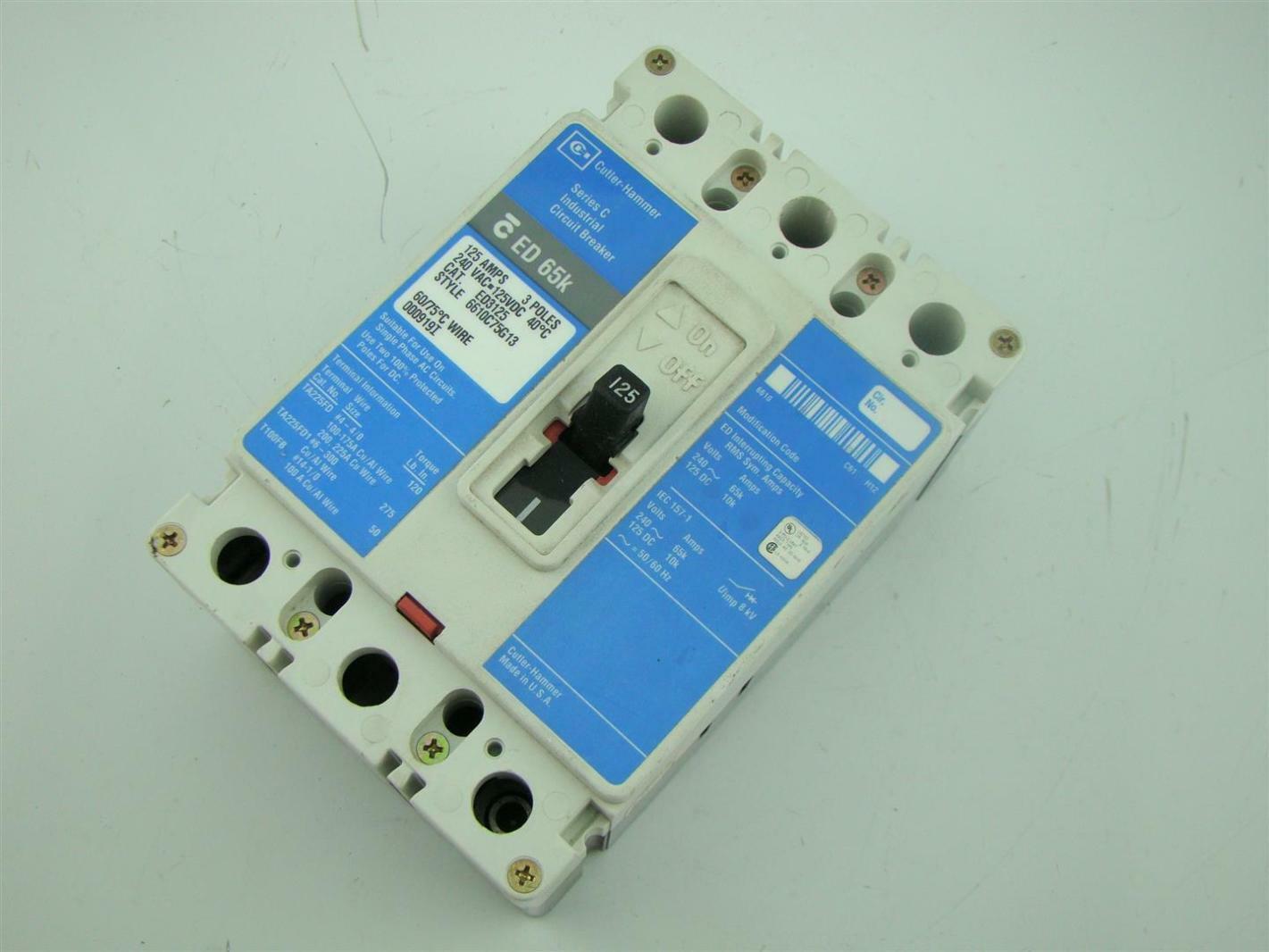 CUTLER-HAMMER 3 POLE SER. C IND. CIRCUIT BREAKER 125 AMPS ED 65K | eBay