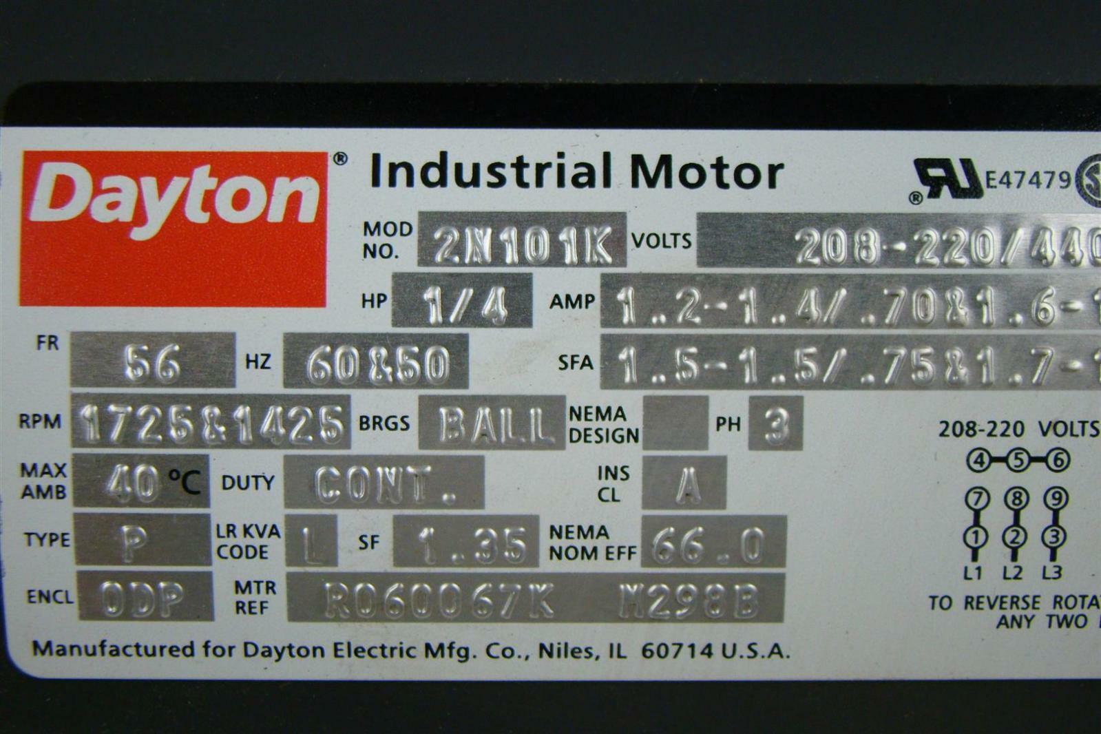 60Hz 3P 440V- Shaft 5//8X1-7//8/" 2N101K 1//4Hp Dayton Industrial Motor