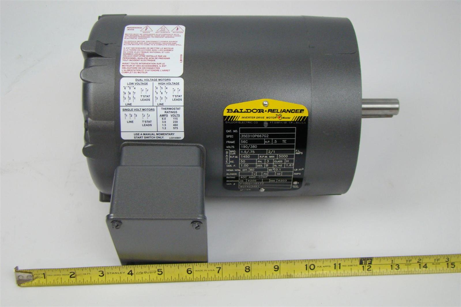 Baldor Reliancer Inverter Duty motor 1450Rpm 3PH 56C 1/2HP 190/380V 35W010P667G2