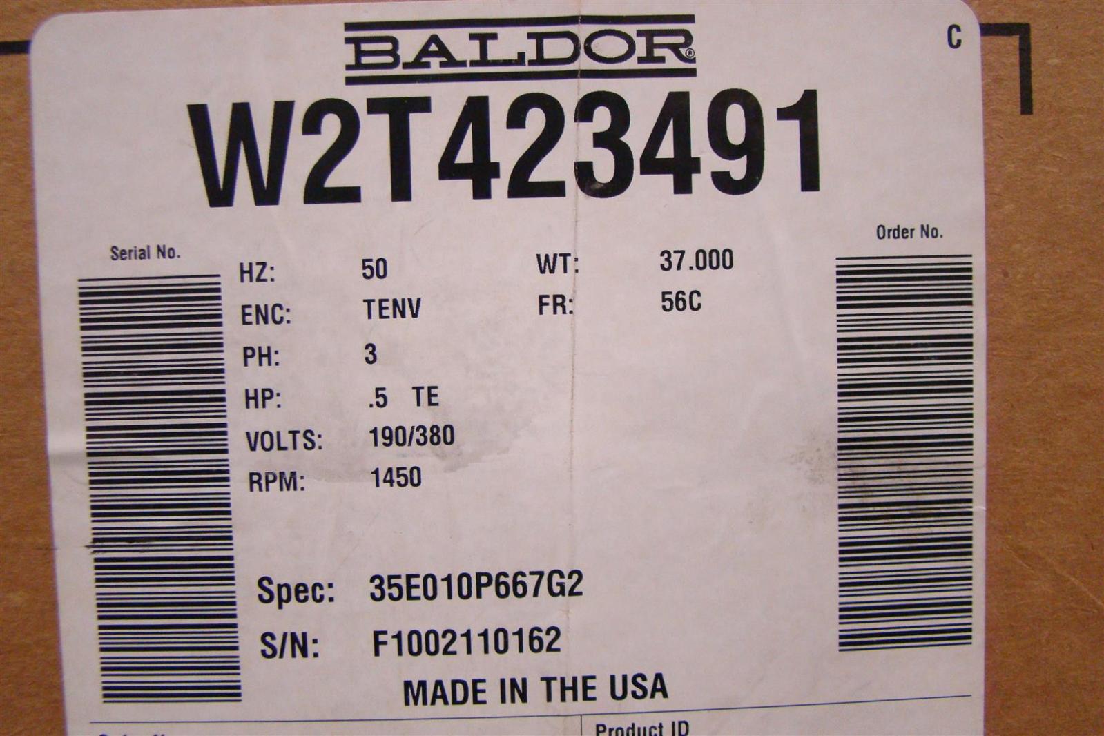 Baldor Reliancer Inverter Duty motor 1450Rpm 3PH 56C 1/2HP 190/380V 35W010P667G2