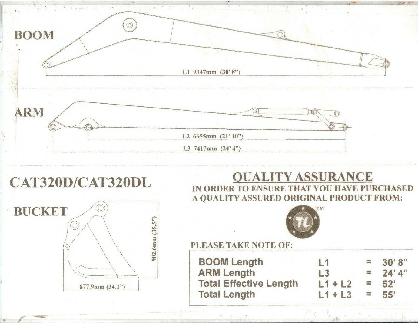 55' Long Reach Excavator Attachment Boom, Stick & Bucket CAT 320D