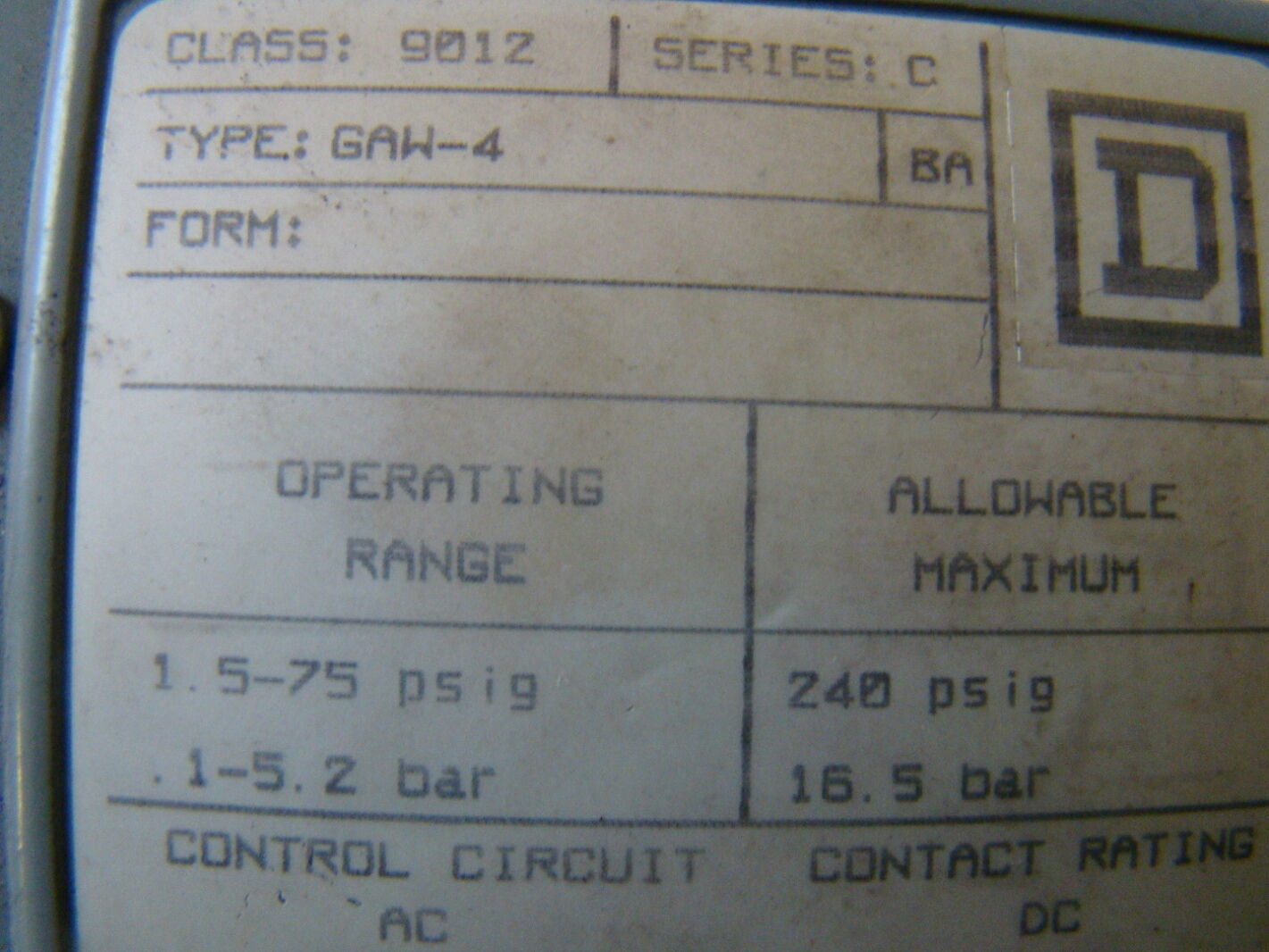 Square D, Pressure Switch, GAW-4