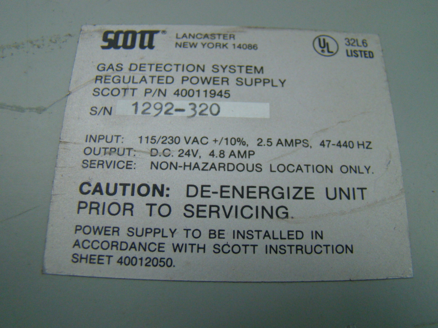 Scott 115/230v Gas Detection System Power Supply 40011945