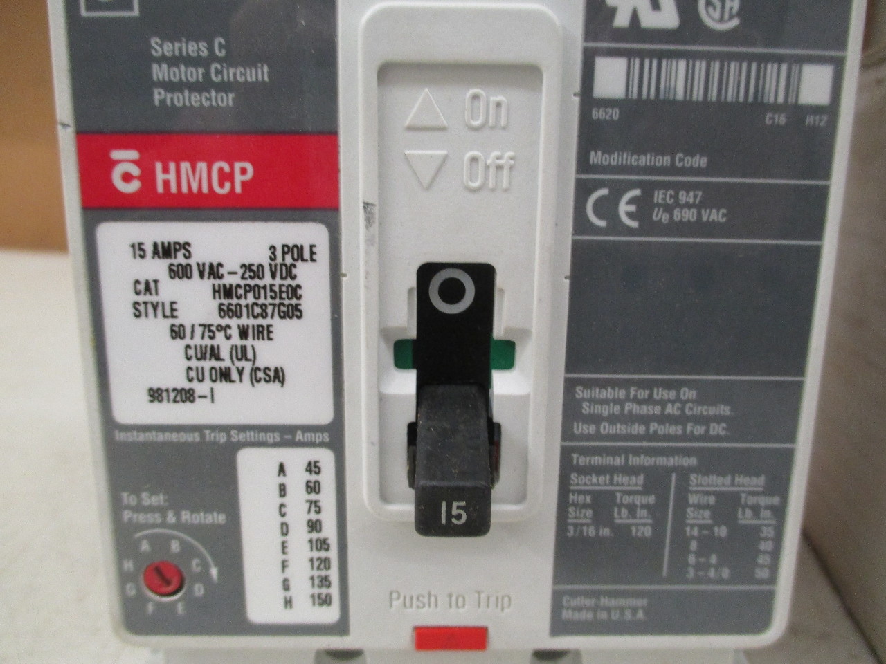 CutlerHammer HMCP015E0 Series C Motor Circuit Protector 15 AMPS 3 POLE