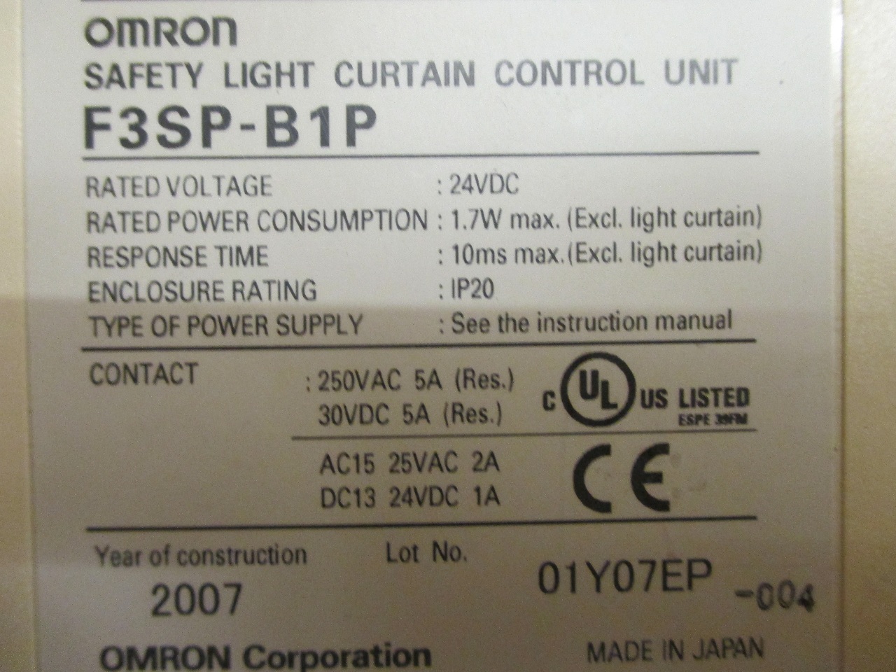 Omron Safety Light Curtain Control F3sp B1p Daves Industrial