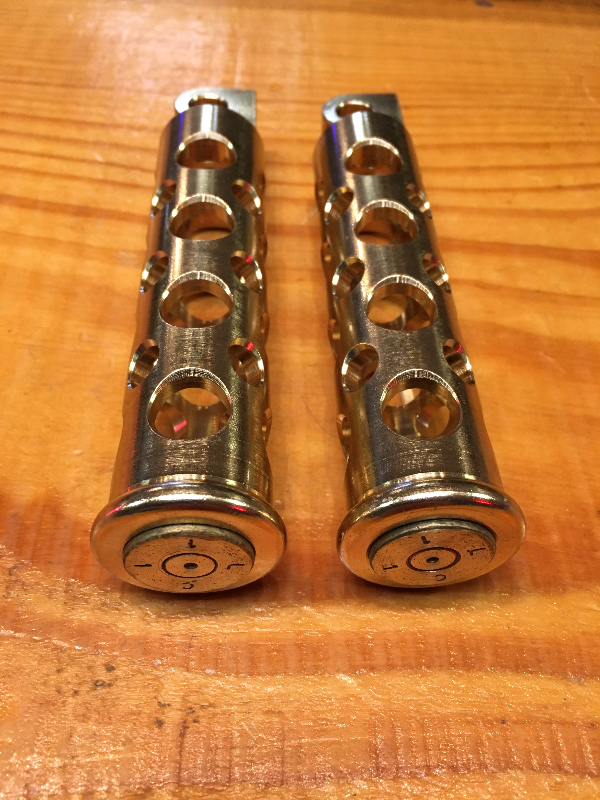 JT's Cycles .50 Caliber BMG Bullets In Brass Footpegs Harley Sportster