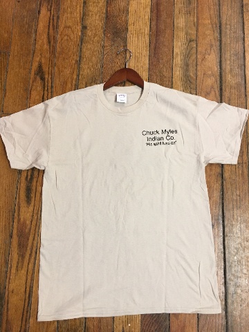 Chuck Myles Indian Co. Home of the hot ones Tan Motorcycle Short Sleeve T-Shirt