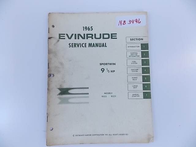 1965 Evinrude sportwin 9 1/2 HP service manual models 9522 & 9523