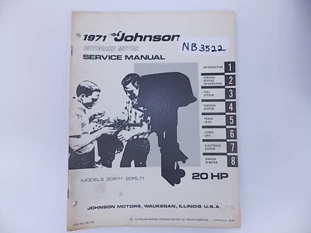 1971 Johnson Outboard Motor Service manual 20 HP models 20R71 and 20RL71