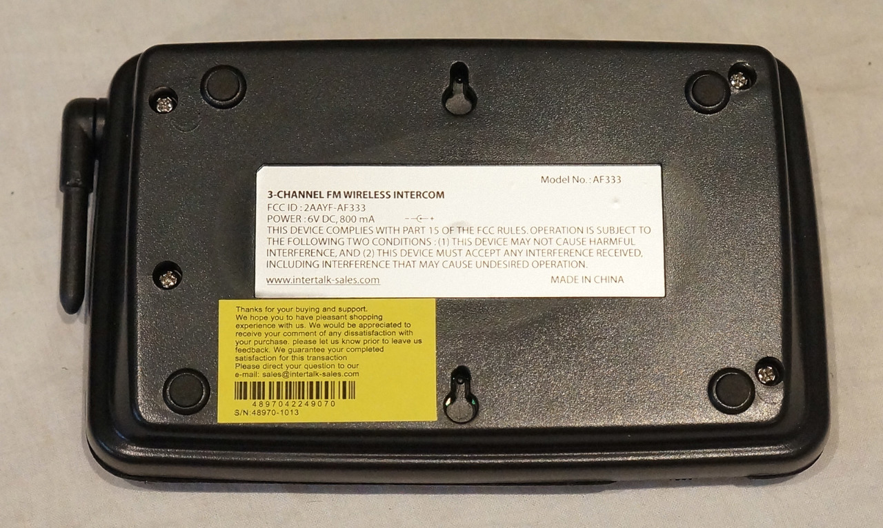 INTERTALK AF333 3CHANNEL FM WIRELESS W/ AC ADAPTER FCC ID