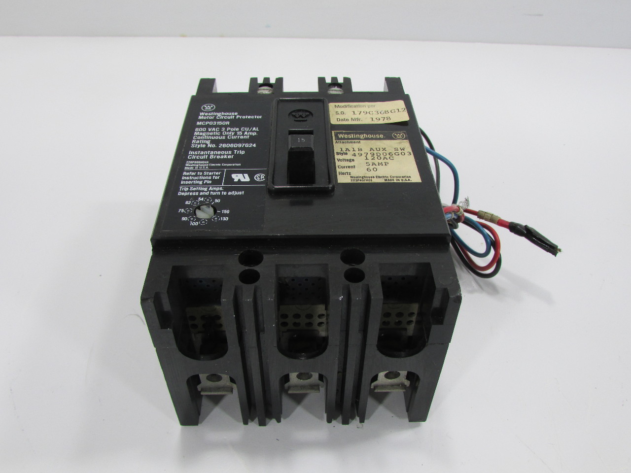 WESTINGHOUSE MCP03150R MOTOR CIRCUIT PROTECTOR 600VAC 3 POLE 15A