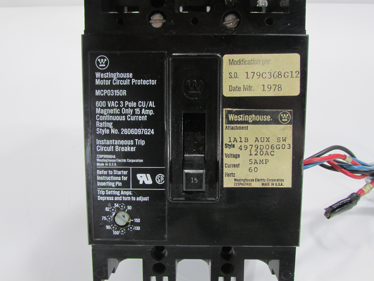 WESTINGHOUSE MCP03150R MOTOR CIRCUIT PROTECTOR 600VAC 3 POLE 15A