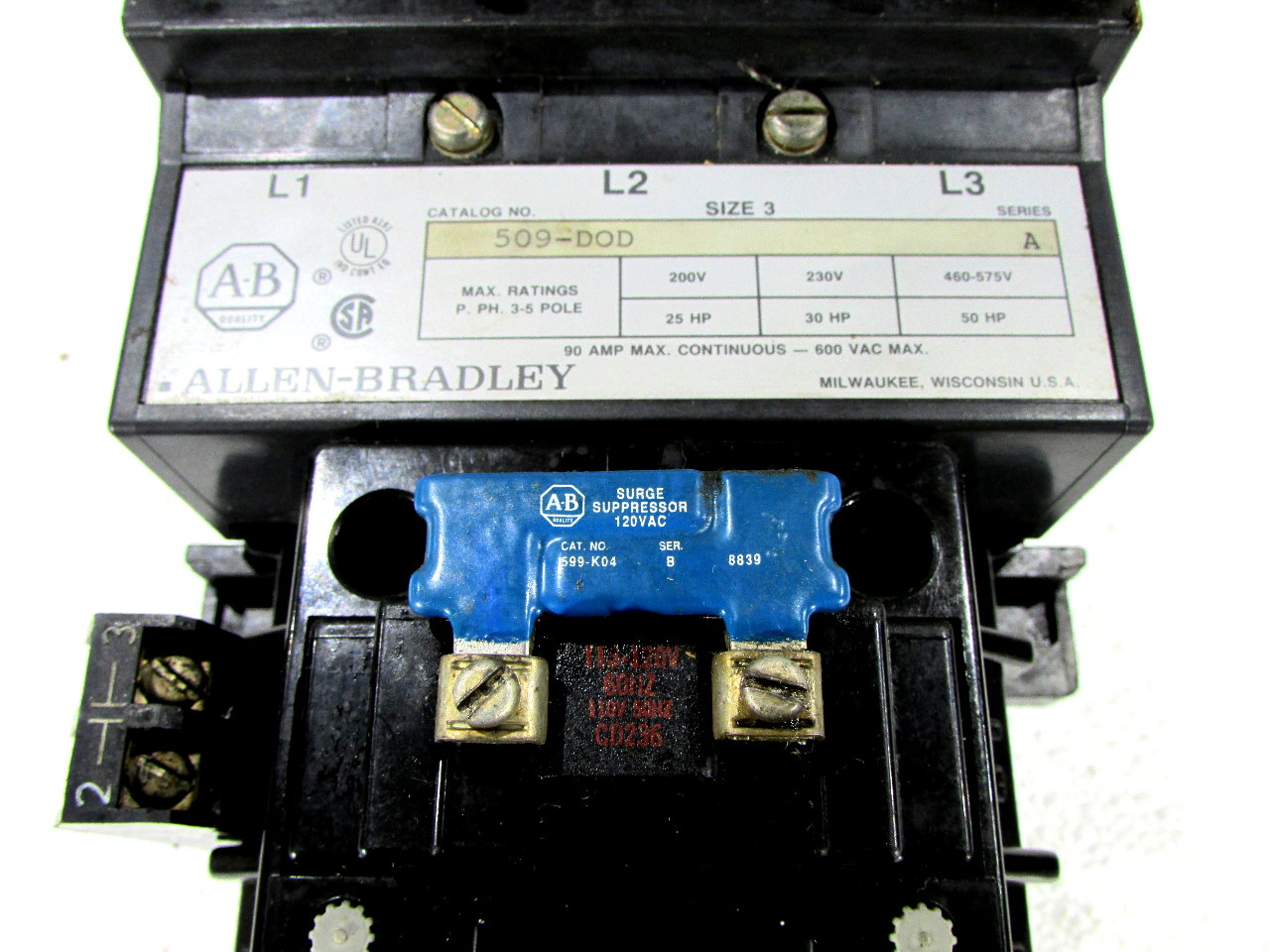 * ALLEN BRADLEY 509DOD SIZE 3 MOTOR STARTER COIL 115120 VAC 90 HP 45