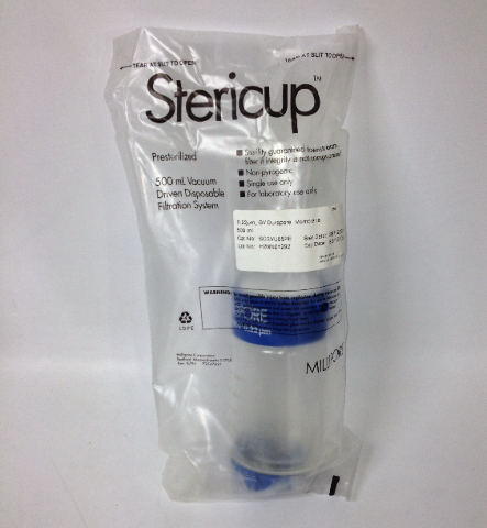 Millipore Stericup 500 mL Vacuum Driven Disposable Filtration System w/ 0.22/um, GV Durapore Membrane