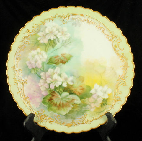 Antique Limoges Hp White Geranium Flowers Wall Cabinet Plate Gold