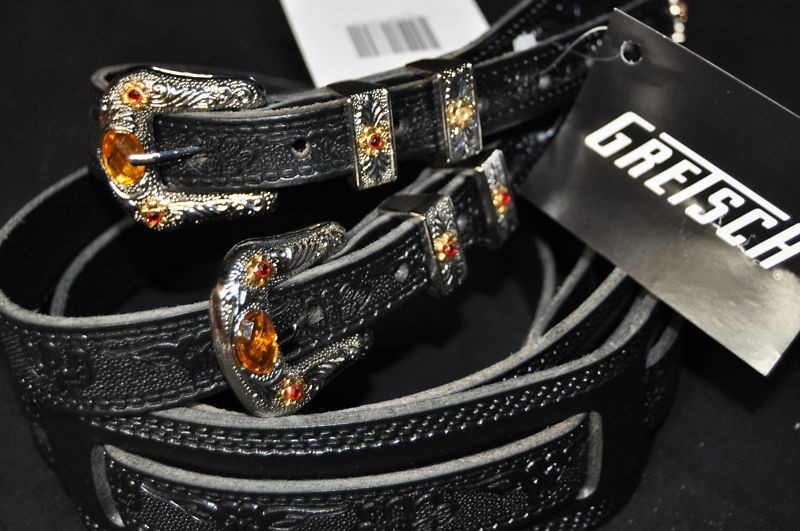 thumbnail image 2 of Gretsch Tooled Vintage Leather Guitar Strap – Black, Brand New 2 of 4