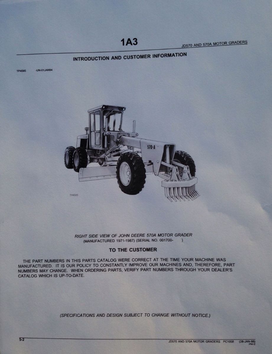 John Deere JD 570 570A Motor Grader Parts Manual Catalog Book PC1058