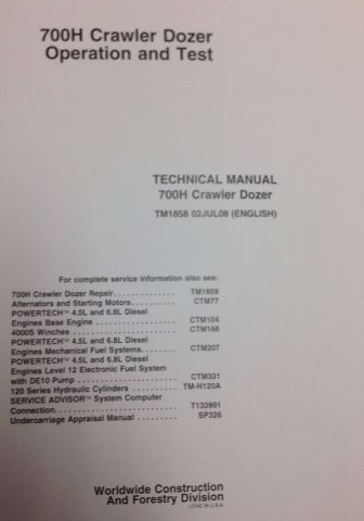 John Deere JD 700H Crawler Dozer Service Technical OPERATION TEST Manual TM1858