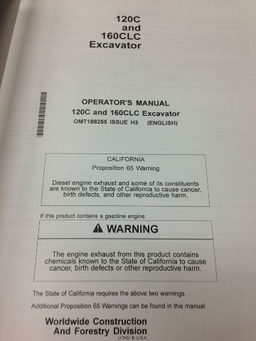 John Deere JD 120C 160CLC excavator Operator's Maintenance Manual OMT188255