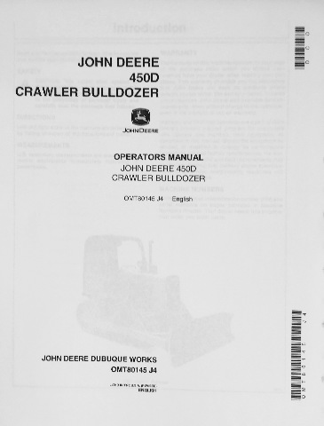 John Deere JD 450D Crawler Bulldozer Operator Operation Manual OMT80145 J4