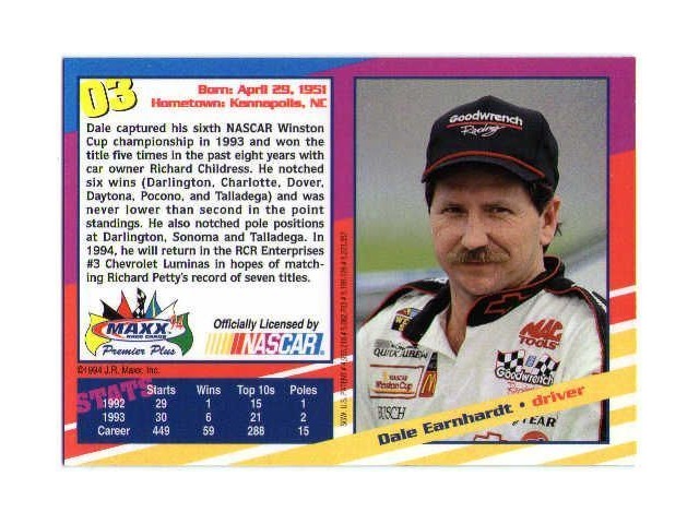 1994 Maxx Racing Premier Plus Complete Set #1-200 NASCAR Cards