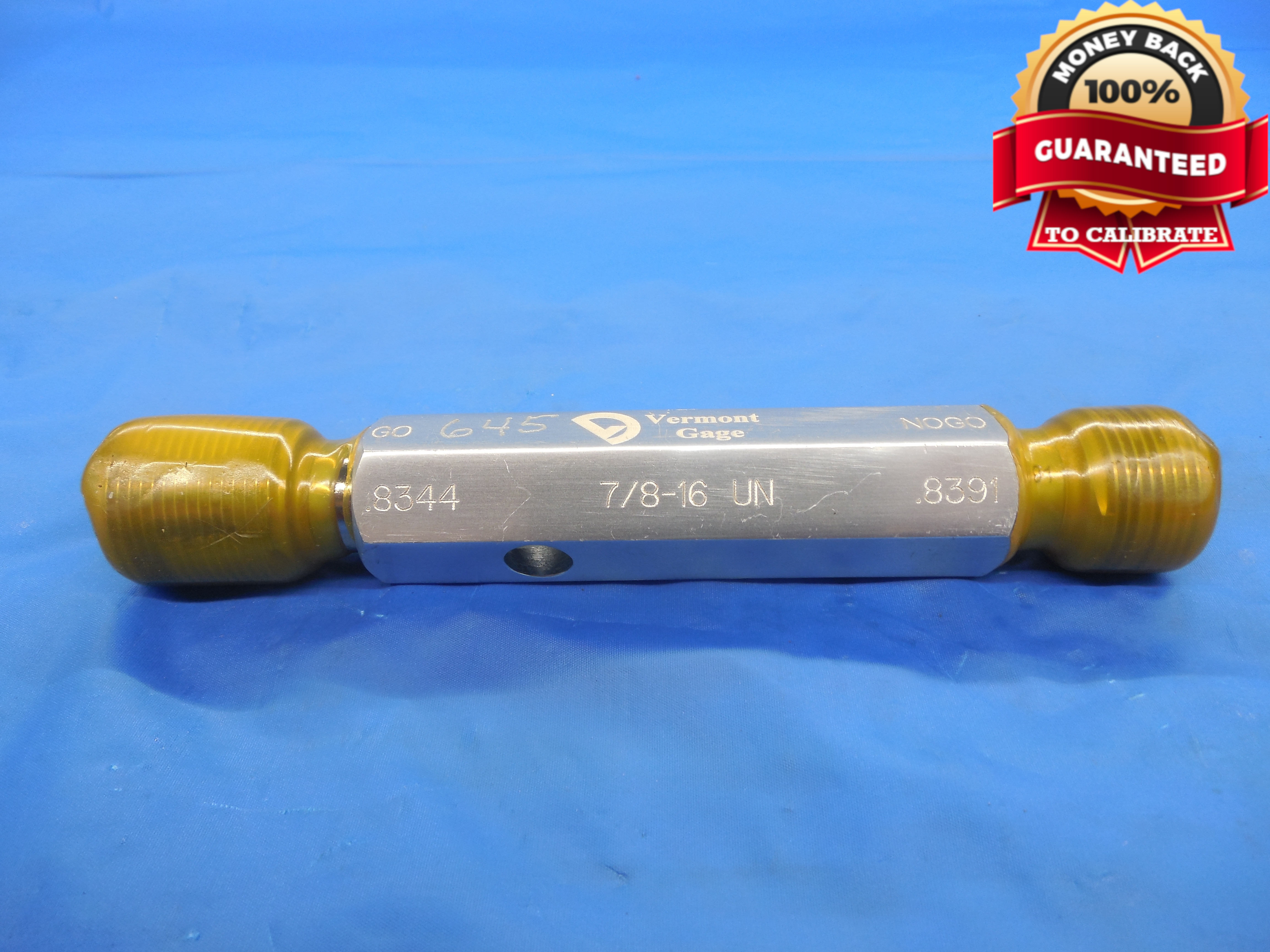 7/8 16 UN 3B VERMONT THREAD PLUG GAGE .875 GO NO GO P.D.'S = .8344