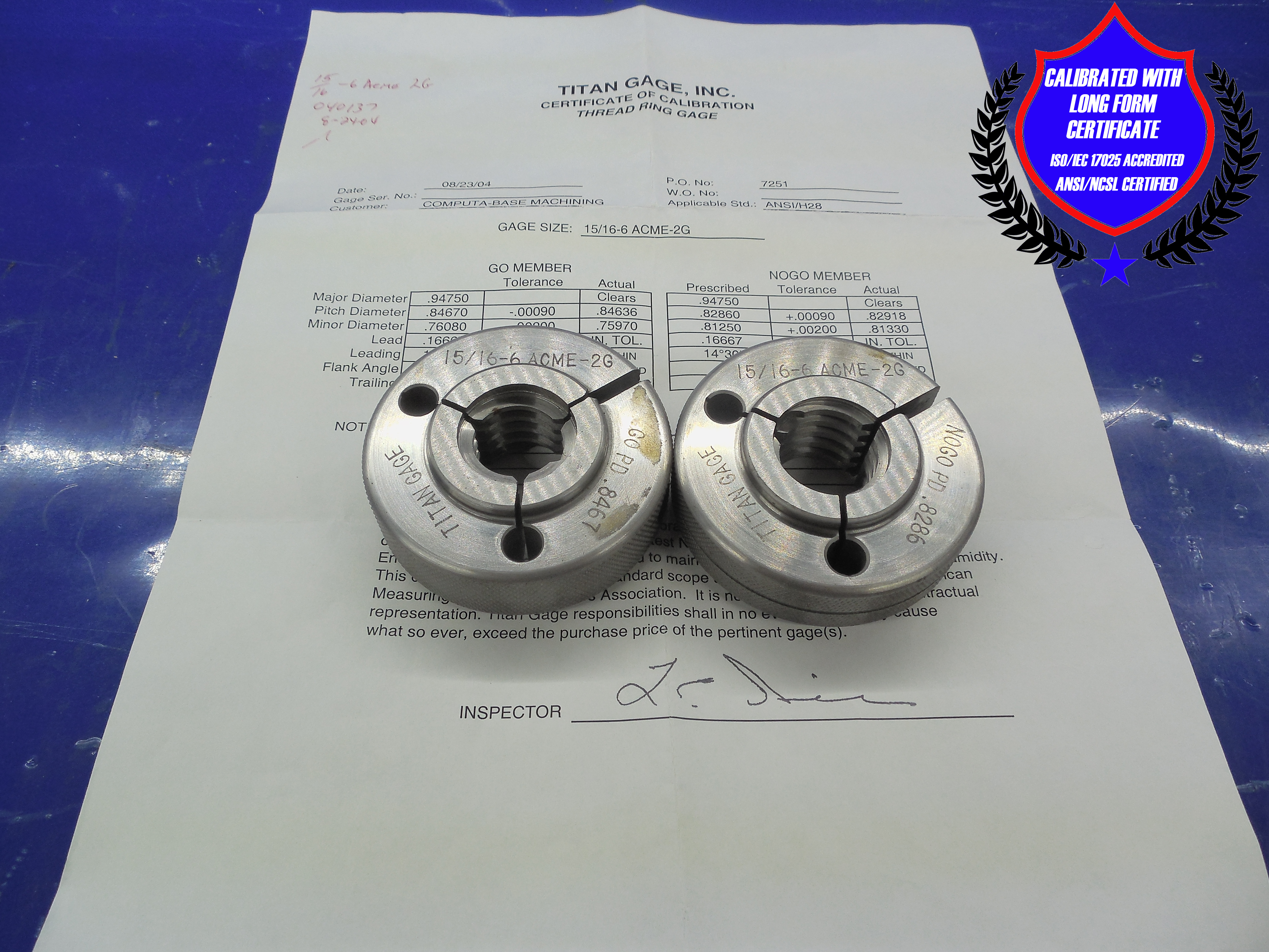 CERTIFIED 15/16 6 ACME 2G THREAD RING GAGES .9375 GO NO GO = .8467