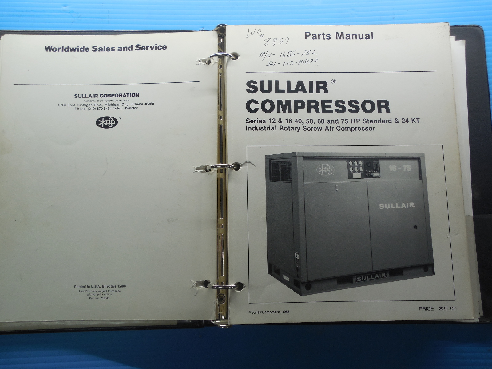 SULLAIR AIR COMPRESSOR & HEAT RECOVERY OPERATOR'S MANUALS AND PARTS LISTS