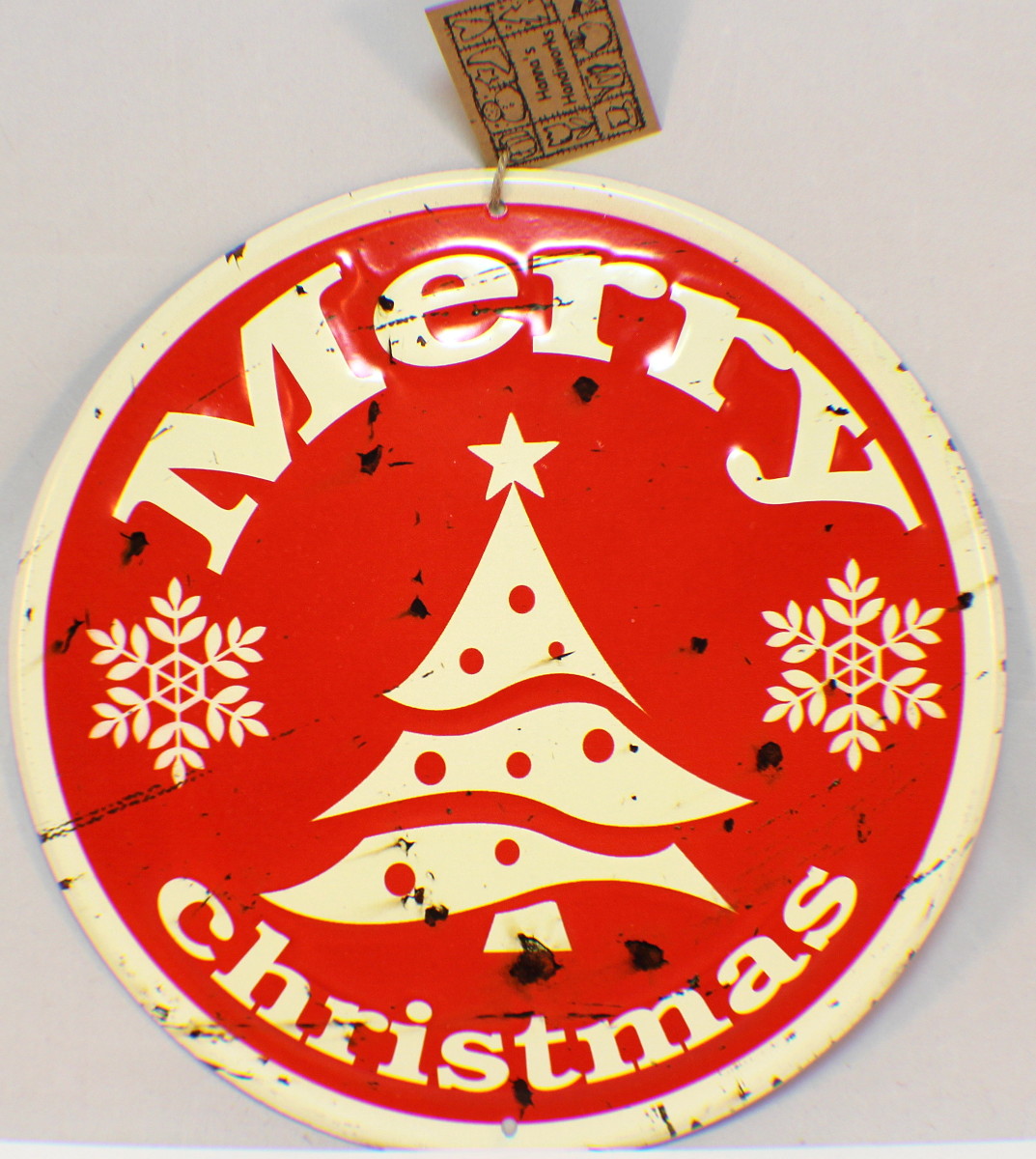 Merry Christmas Vintage Inspired Distressed Round Tree Decor Sign Santa Red