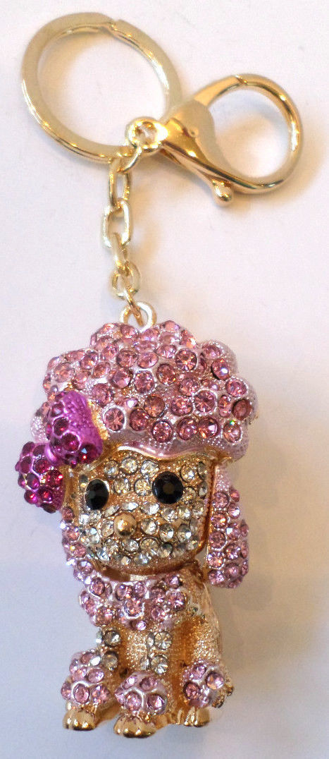 Rhinestone Bling Key Chain Fob Phone Purse Charm Pink Poodle Puppy Dog