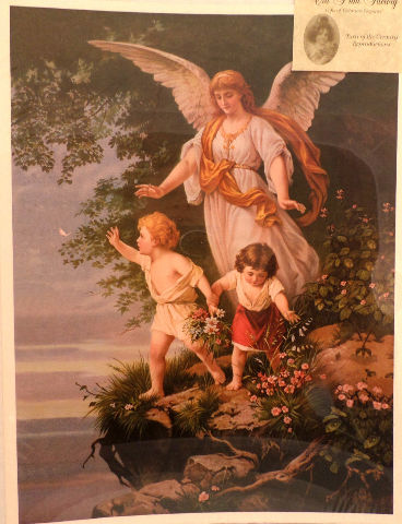 Victorian Lithograph Print Angel Watching Over Children Kids