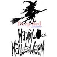 Deep Red Rubber Cling Stamp Halloween Witch on a Broom Spooky Scene