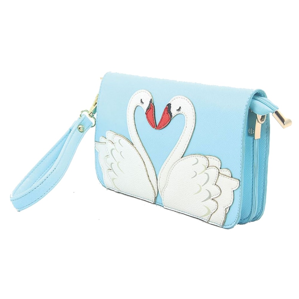 Sleepyville Critters Kissing Swans Wristlet Cross Body Shoulder Bag Handbag Purse