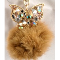 Rhinestone Bling Gold Tone Key Chain Purse Charm Fob Butterfly Puff