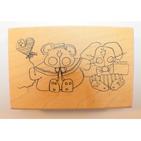 Imaginations 0867D Sketched Bunny Rabbit and Bear Wooden Rubber Stamp
