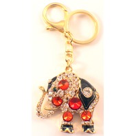 Rhinestone Bling Gold Tone Key Chain Purse Charm Fob Lucky Elephant In Red
