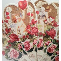 Vintage Inspired Victorian Paper Fan Greeting Card Old Print Factory Cupid Heart