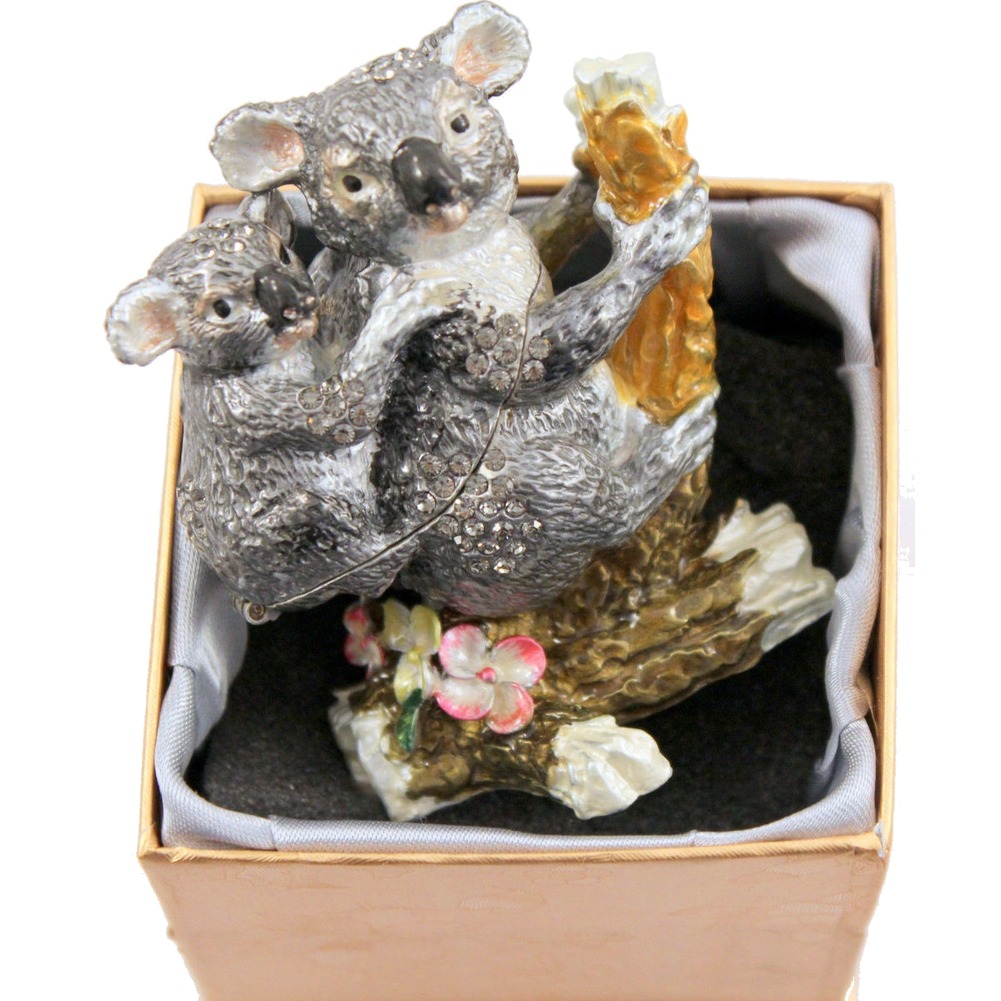 Koala Bear Mom And Baby Rhinestone Collectible Hinged Trinket Box
