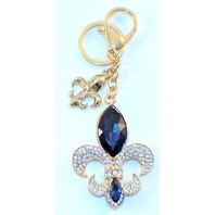Rhinestone Bling Gold Tone Key Chain Fob Purse Charm Fleur Di Lis Navy Blue