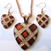 Rhinestone Bling Lattice Heart Necklace And Earrings Set Copper Rust Color