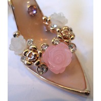 Rhinestone Bling Key Chain High Heel Pink Gold Tone And Flowers Fob Purse Charm