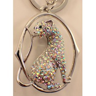 Rhinestone Bling Panther Big Cat Snow Leopard Key Chain Fob Purse Phone Charm